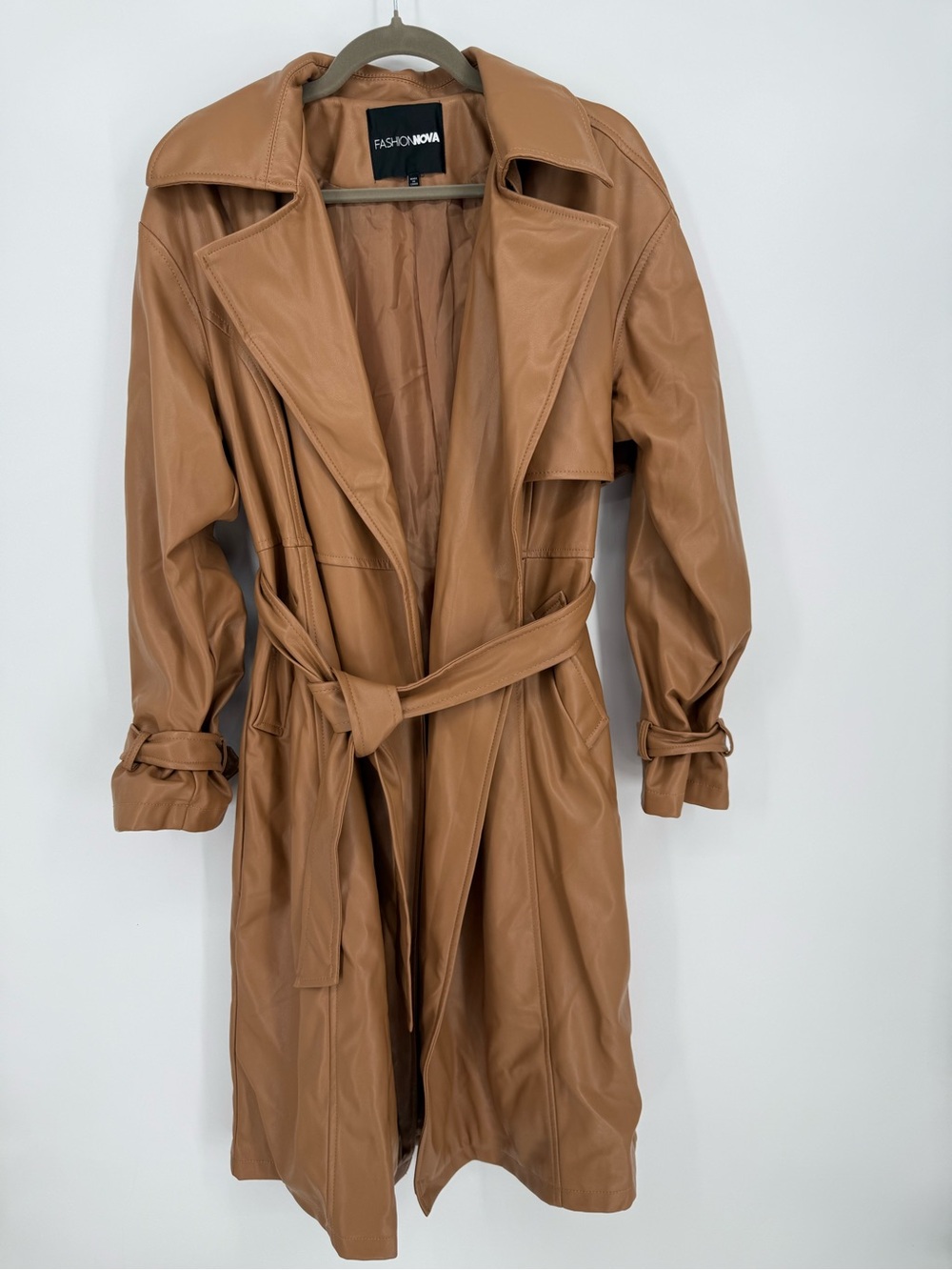 Fashion Nova Camel Brown Faux Leather Belted Trench Coat Size Medium